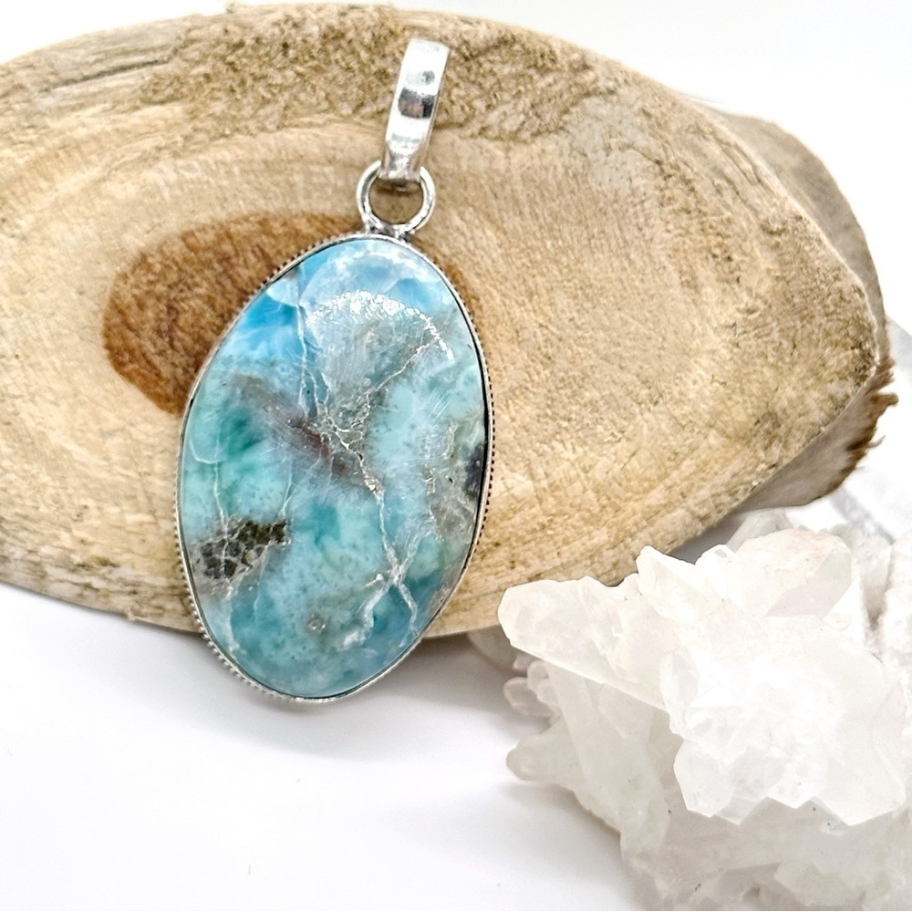 Larimar Silver Gemstone Crystal Pendant Necklace